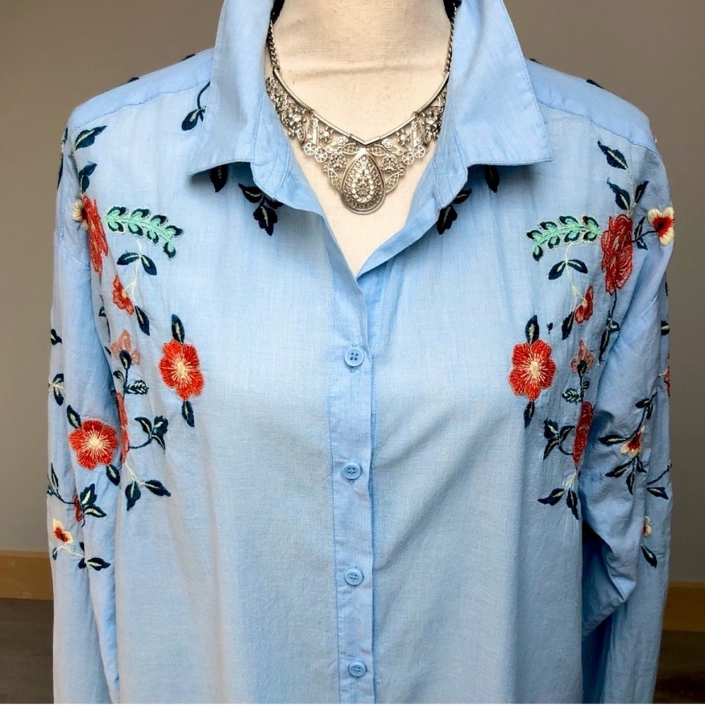 Beach Lunch Lounge 100% Cotton Floral Embroidered Button Down Shirt Size XL
